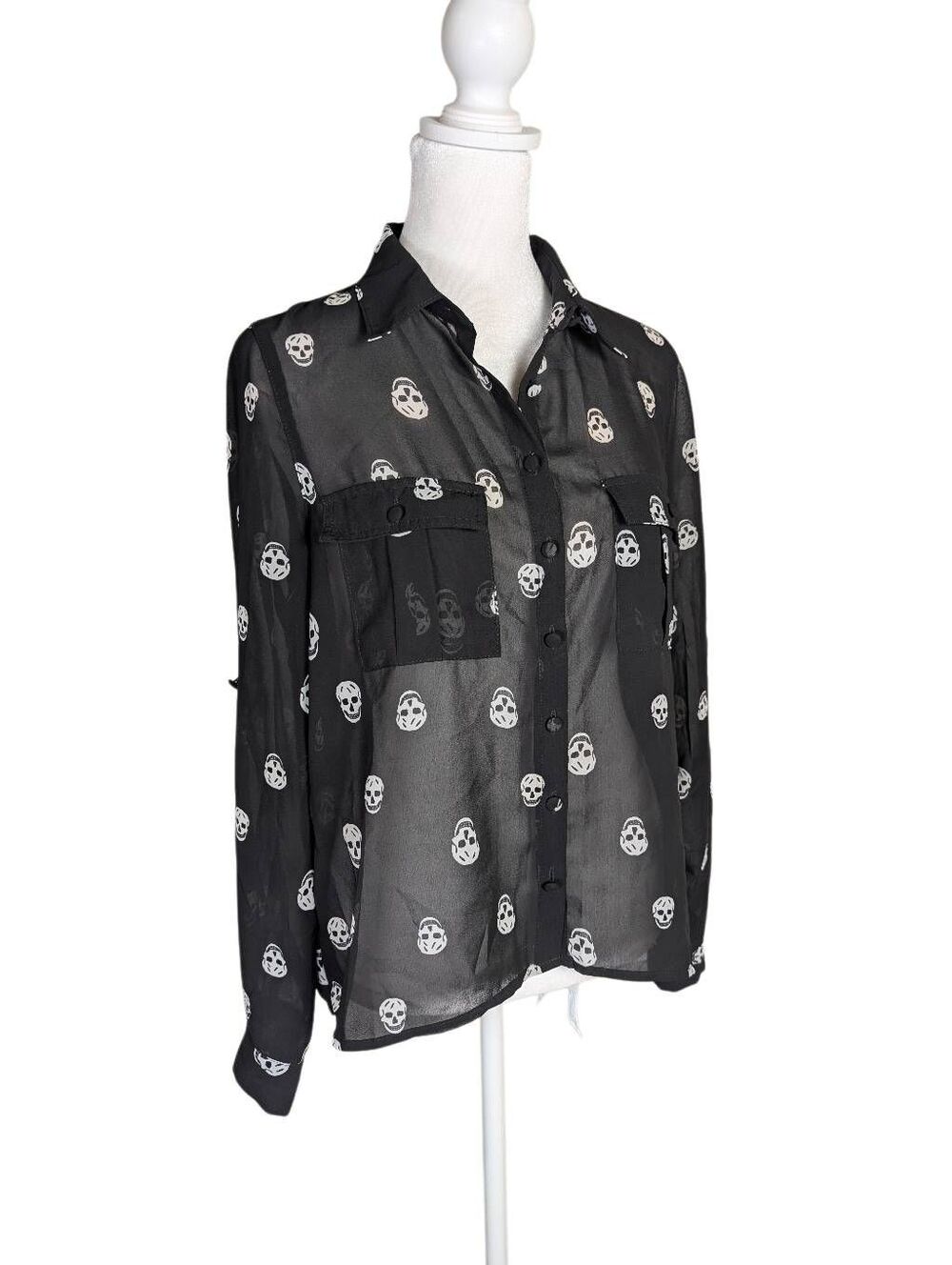 Cotton On Black & White skull print sheer roll tab blouse top womens XS